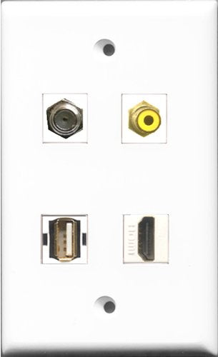 RiteAV 1 Port HDMI and 1 Port RCA Yellow and 1 Port Coax Cable TV- F-Type and 1 Port Shielded Cat6 Ethernet Wall Plate