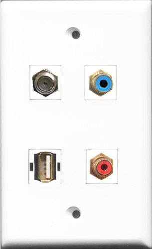 RiteAV 1 Port RCA Red and 1 Port RCA Blue and 1 Port Coax Cable TV- F-Type and 1 Port USB A-A Wall Plate