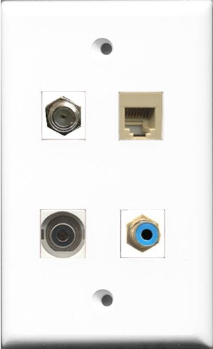 RiteAV 1 Port RCA Blue and 1 Port Coax Cable TV- F-Type and 1 Port Phone RJ11 RJ12 Beige and 1 Port 3.5mm Wall Plate