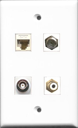 RiteAV 1 Port RCA White and 1 Port Coax Cable TV- F-Type and 1 Port BNC and 1 Port Cat6 Ethernet White Wall Plate
