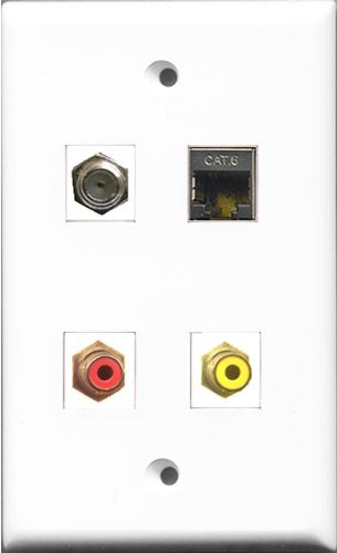 RiteAV 1 Port RCA Red and 1 Port RCA Yellow and 1 Port Coax Cable TV- F-Type and 1 Port Shielded Cat6 Ethernet Wall Plate