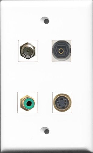 RiteAV 1 Port RCA Green and 1 Port Coax Cable TV- F-Type and 1 Port S-Video and 1 Port Toslink Wall Plate