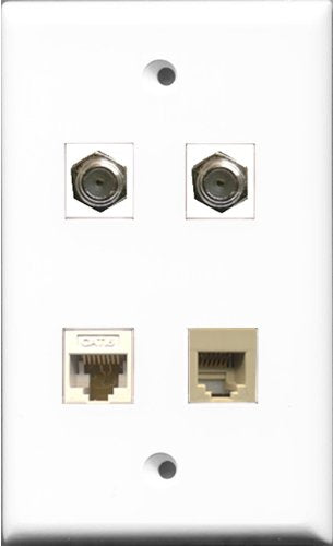 RiteAV - 2 Port Coax Cable TV- F-Type and 1 Port Phone RJ11 RJ12 Beige and 1 Port Cat6 Ethernet White Wall Plate