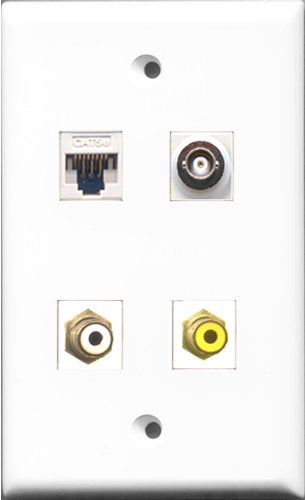 RiteAV - 1 Port RCA White and 1 Port RCA Yellow and 1 Port BNC and 1 Port Cat5e Ethernet White Wall Plate