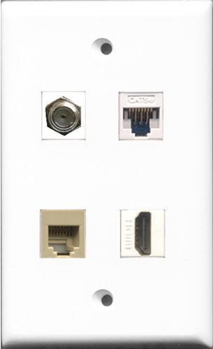 RiteAV 1 Port HDMI and 1 Port Coax Cable TV- F-Type and 1 Port Phone RJ11 RJ12 Beige and 1 Port Cat5e Ethernet White Wall Plate