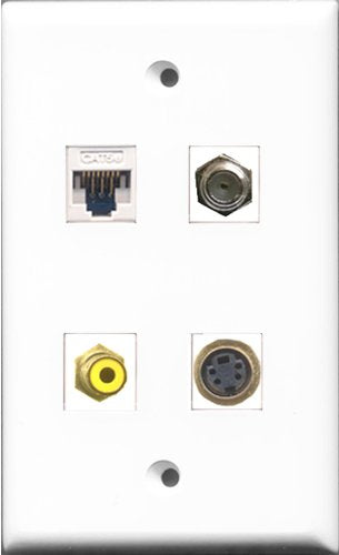 RiteAV - 1 Port RCA Yellow and 1 Port Coax Cable TV- F-Type and 1 Port S-Video and 1 Port Cat5e Ethernet White Wall Plate