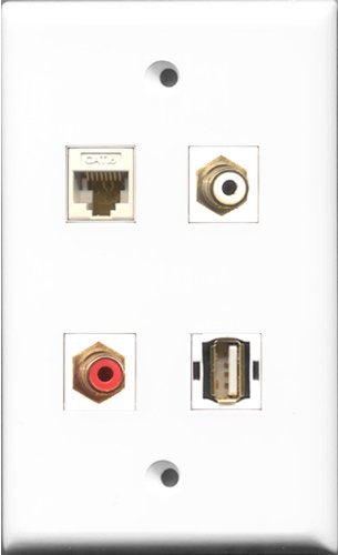 RiteAV 1 Port RCA Red and 1 Port RCA White and 1 Port USB A-A and 1 Port Cat6 Ethernet White Wall Plate