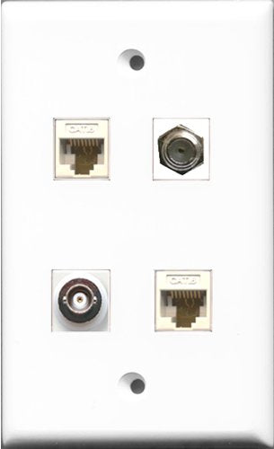 RiteAV 1 Port Coax Cable TV- F-Type and 1 Port BNC 2 Port Cat6 Ethernet White Wall Plate