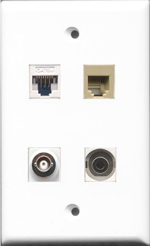 RiteAV 1 Port Phone RJ11 RJ12 Beige and 1 Port 3.5mm and 1 Port BNC and 1 Port Cat5e Ethernet White Wall Plate