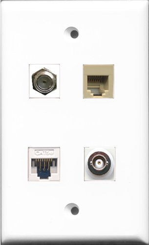 RiteAV 1 Port Coax Cable TV- F-Type and 1 Port Phone RJ11 RJ12 Beige and 1 Port BNC and 1 Port Cat5e Ethernet White Wall Plate