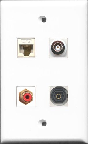 RiteAV 1 Port RCA Red and 1 Port Toslink and 1 Port BNC and 1 Port Cat6 Ethernet White Wall Plate