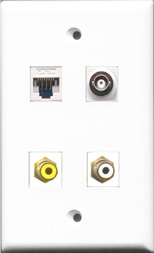RiteAV - 1 Port RCA White and 1 Port RCA Yellow and 1 Port BNC and 1 Port Cat5e Ethernet White Wall Plate
