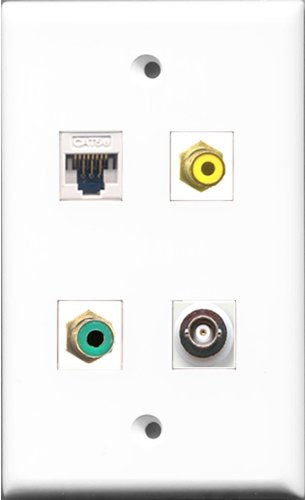 RiteAV 1 Port RCA Yellow and 1 Port RCA Green and 1 Port BNC and 1 Port Cat5e Ethernet White Wall Plate