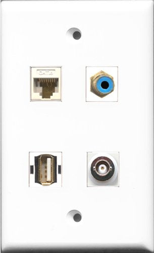 RiteAV 1 Port RCA Blue and 1 Port USB A-A and 1 Port BNC and 1 Port Cat6 Ethernet White Wall Plate