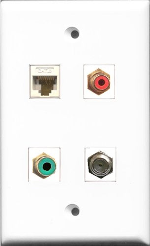 RiteAV 1 Port RCA Red and 1 Port RCA Green and 1 Port Coax Cable TV- F-Type and 1 Port Cat6 Ethernet White Wall Plate