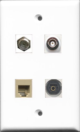 RiteAV 1 Port Coax Cable TV- F-Type and 1 Port Phone RJ11 RJ12 Beige and 1 Port Toslink and 1 Port BNC Wall Plate