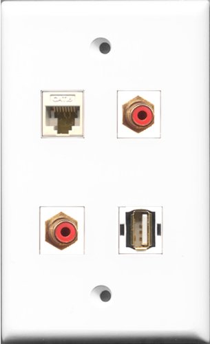 RiteAV - 2 Port RCA Red and 1 Port USB A-A and 1 Port Cat6 Ethernet White Wall Plate