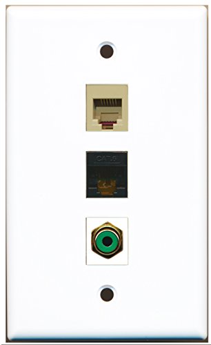 RiteAV - 1 Port RCA Green and 1 Port Phone RJ11 RJ12 Beige and 1 Port Cat6 Ethernet Black Wall Plate