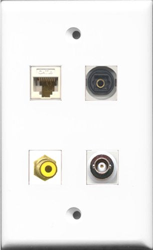 RiteAV 1 Port RCA Yellow and 1 Port Toslink and 1 Port BNC and 1 Port Cat6 Ethernet White Wall Plate