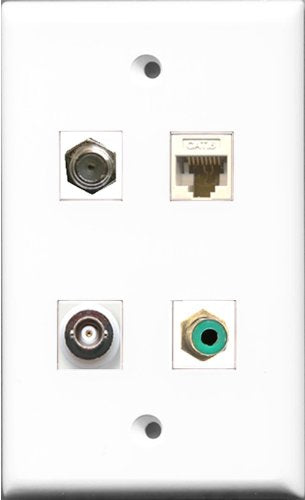 RiteAV 1 Port RCA Green and 1 Port Coax Cable TV- F-Type and 1 Port BNC and 1 Port Cat6 Ethernet White Wall Plate