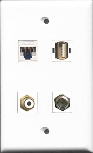 RiteAV 1 Port RCA White and 1 Port Coax Cable TV- F-Type and 1 Port USB A-A and 1 Port Cat5e Ethernet White Wall Plate