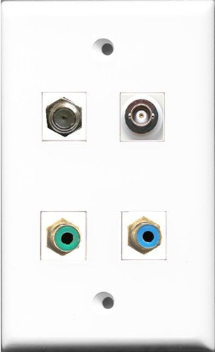 RiteAV 1 Port RCA Green and 1 Port RCA Blue and 1 Port Coax Cable TV- F-Type and 1 Port BNC Wall Plate