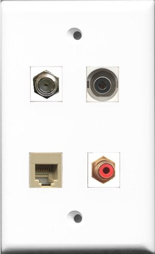 RiteAV 1 Port RCA Red and 1 Port Coax Cable TV- F-Type and 1 Port Phone RJ11 RJ12 Beige and 1 Port 3.5mm Wall Plate