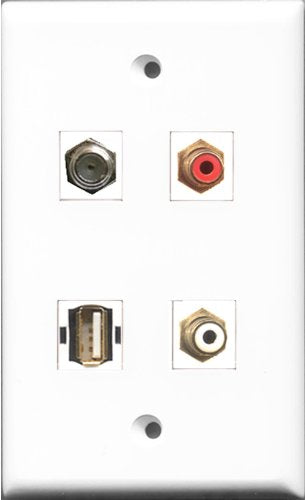 RiteAV 1 Port RCA Red and 1 Port RCA White and 1 Port Coax Cable TV- F-Type and 1 Port USB A-A Wall Plate