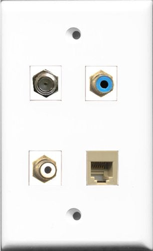 RiteAV 1 Port RCA White and 1 Port RCA Blue and 1 Port Coax Cable TV- F-Type and 1 Port Phone RJ11 RJ12 Beige Wall Plate