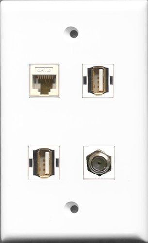 RiteAV 1 Port Coax Cable TV- F-Type 2 Port USB A-A and 1 Port Cat6 Ethernet White Wall Plate
