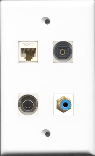 RiteAV 1 Port RCA Blue and 1 Port Toslink and 1 Port 3.5mm and 1 Port Cat6 Ethernet White Wall Plate
