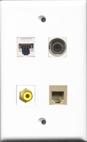 RiteAV - 1 Port RCA Yellow and 1 Port Phone RJ11 RJ12 Beige and 1 Port 3.5mm and 1 Port Cat5e Ethernet White Wall Plate