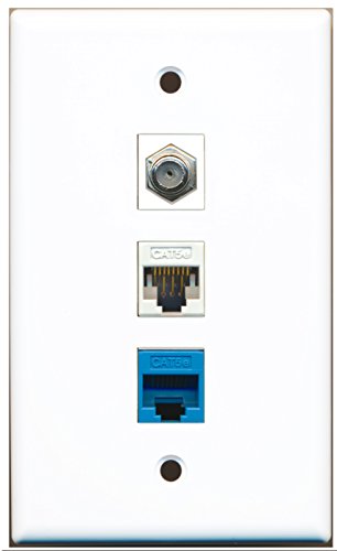RiteAV - 1 Port Coax Cable TV- F-Type 1 Cat5e Ethernet White 1 Cat5e Ethernet Blue Wall Plate