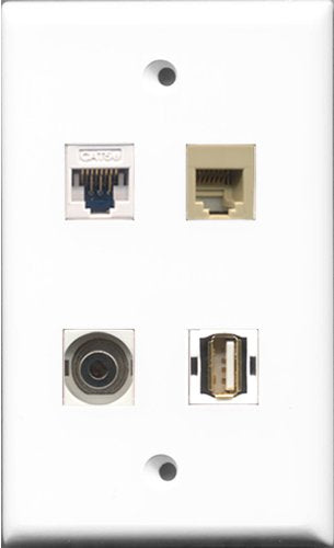 RiteAV 1 Port USB A-A and 1 Port Phone RJ11 RJ12 Beige and 1 Port 3.5mm and 1 Port Cat5e Ethernet White Wall Plate