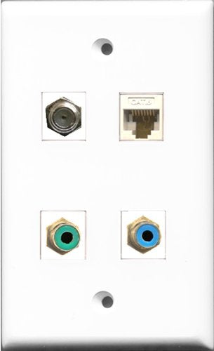 RiteAV 1 Port RCA Green and 1 Port RCA Blue and 1 Port Coax Cable TV- F-Type and 1 Port Cat6 Ethernet White Wall Plate