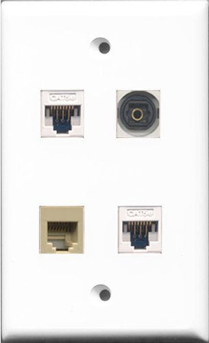 RiteAV 1 Port Phone RJ11 RJ12 Beige and 1 Port Toslink 2 Port Cat5e Ethernet White Wall Plate