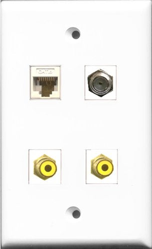 RiteAV - 2 Port RCA Yellow and 1 Port Coax Cable TV- F-Type and 1 Port Cat6 Ethernet White Wall Plate