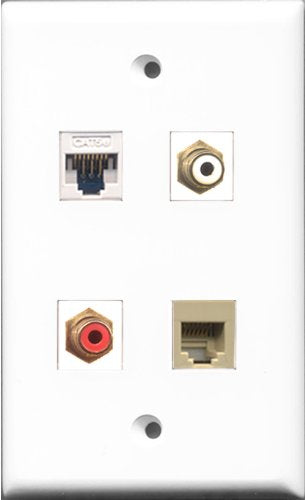 RiteAV 1 Port RCA Red and 1 Port RCA White and 1 Port Phone RJ11 RJ12 Beige and 1 Port Cat5e Ethernet White Wall Plate