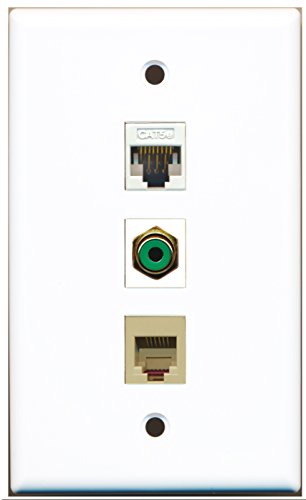 RiteAV - 1 Port RCA Green and 1 Port Phone RJ11 RJ12 Beige and 1 Port Cat5e Ethernet White Wall Plate