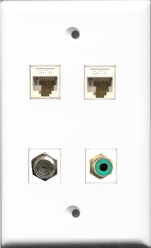 RiteAV 1 Port RCA Green and 1 Port Coax Cable TV- F-Type 2 Port Cat6 Ethernet White Wall Plate