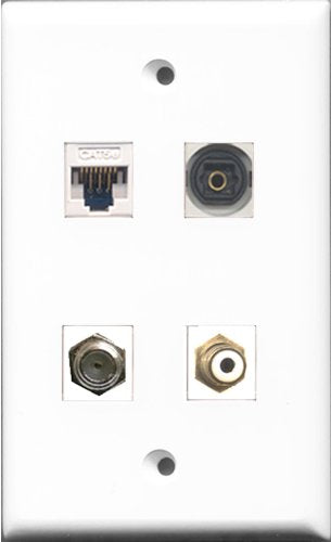 RiteAV 1 Port RCA White and 1 Port Coax Cable TV- F-Type and 1 Port Toslink and 1 Port Cat5e Ethernet White Wall Plate