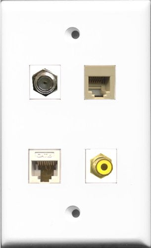 RiteAV 1 Port RCA Yellow and 1 Port Coax Cable TV- F-Type and 1 Port Phone RJ11 RJ12 Beige and 1 Port Cat6 Ethernet White Wall Plate