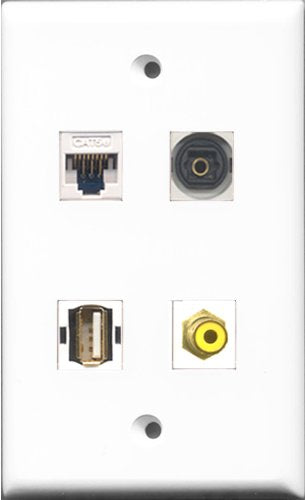 RiteAV 1 Port RCA Yellow and 1 Port USB A-A and 1 Port Toslink and 1 Port Cat5e Ethernet White Wall Plate