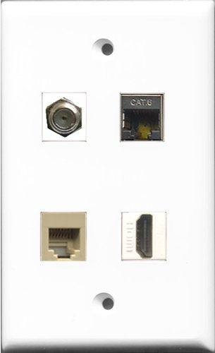 RiteAV 1 Port HDMI and 1 Port Coax Cable TV- F-Type and 1 Port Phone RJ11 RJ12 Beige and 1 Port Shielded Cat6 Ethernet Wall Plate