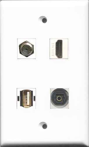 RiteAV 1 Port HDMI and 1 Port Coax Cable TV- F-Type and 1 Port USB A-A and 1 Port Toslink Wall Plate