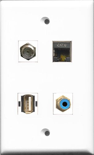 RiteAV 1 Port RCA Blue and 1 Port Coax Cable TV- F-Type and 1 Port USB A-A and 1 Port Shielded Cat6 Ethernet Wall Plate