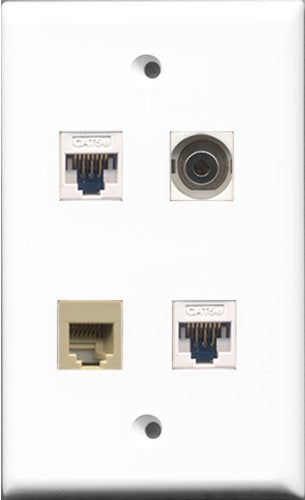 RiteAV - 1 Port Phone RJ11 RJ12 Beige and 1 Port 3.5mm 2 Port Cat5e Ethernet White Wall Plate