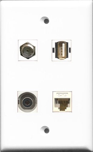 RiteAV 1 Port Coax Cable TV- F-Type and 1 Port USB A-A and 1 Port 3.5mm and 1 Port Cat6 Ethernet White Wall Plate