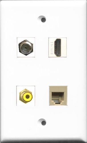 RiteAV 1 Port HDMI and 1 Port RCA Yellow and 1 Port Coax Cable TV- F-Type and 1 Port Phone RJ11 RJ12 Beige Wall Plate