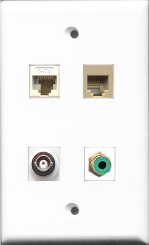 RiteAV 1 Port RCA Green and 1 Port Phone RJ11 RJ12 Beige and 1 Port BNC and 1 Port Cat6 Ethernet White Wall Plate